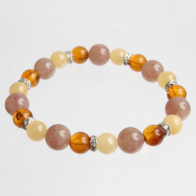 【パワーストーン　天然石　アクセサリー　デザイン　ジュエリー】ピンクアベンチュリンｘ琥珀ｘカルサイトデザインブレスレット