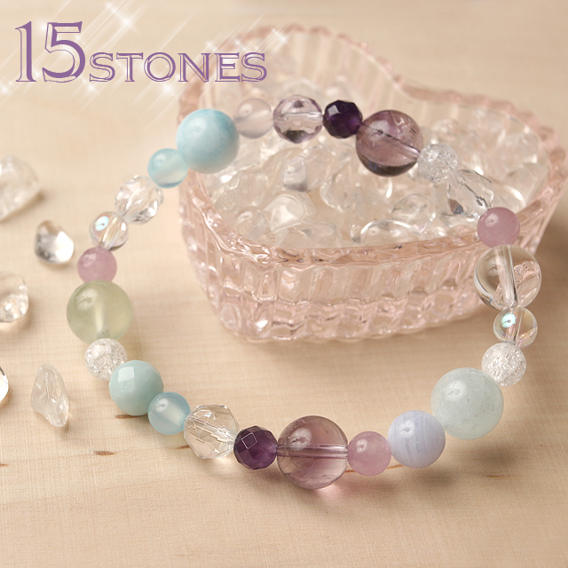 【パワーストーン　天然石　アクセサリー　デザイン　ジュエリー】ラリマーとボリビアアメジストの15ストーンミックスブレスレット