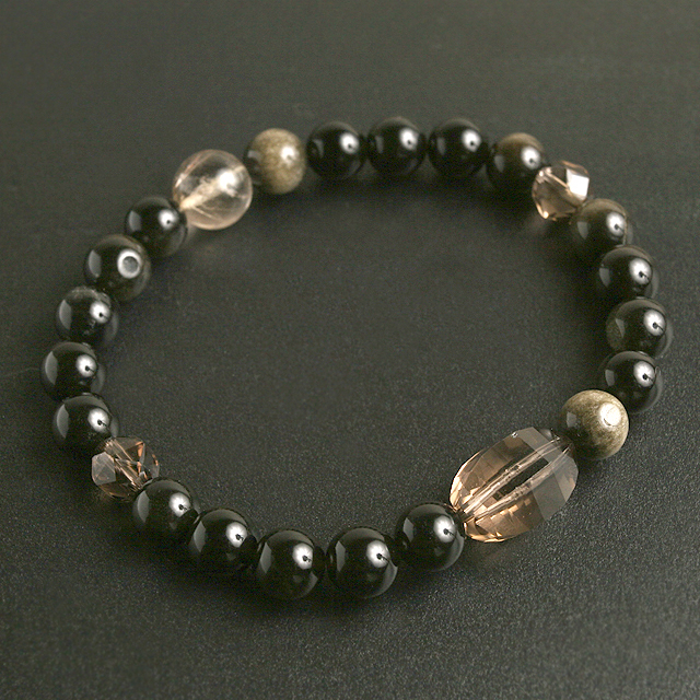 【パワーストーン　天然石　アクセサリー　デザイン　ジュエリー】カットスモーキークォーツと黒曜石（ゴールド）のデザインブレスレット