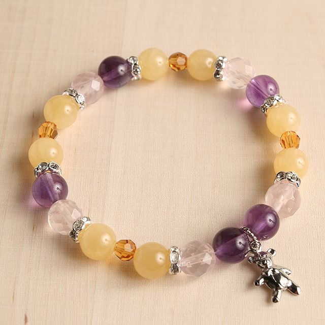 【パワーストーン　天然石　アクセサリー　デザイン　ジュエリー】恋愛運-アメジストｘイエローカルサイトｘローズクォーツコンビブレスレット