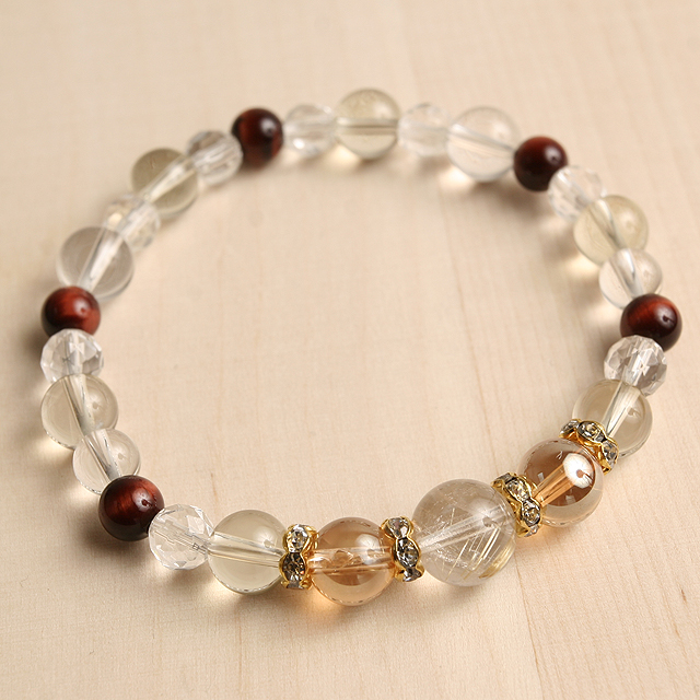 【パワーストーン　天然石　アクセサリー　デザイン　ジュエリー】金運-ルチルクォーツｘレッドタイガーアイのコンビブレスレット