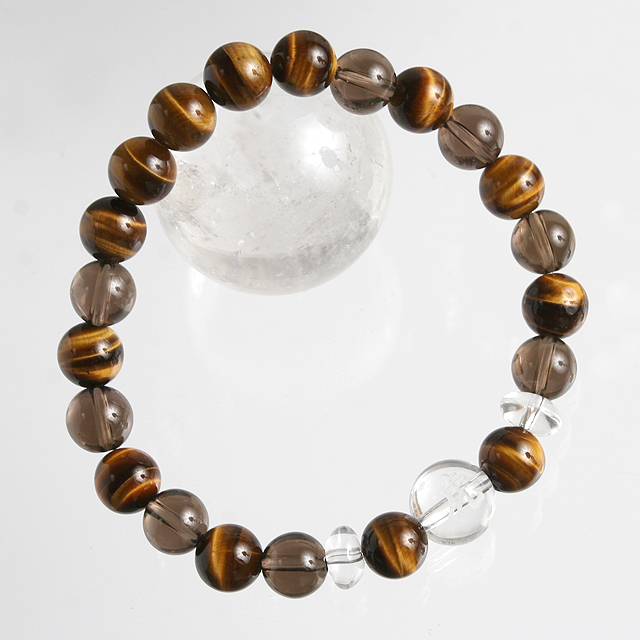 【パワーストーン　天然石　アクセサリー　デザイン　ジュエリー】「虎」彫刻入り水晶ｘイエロータイガーアイｘスモーキークォーツのデザインブレスレット