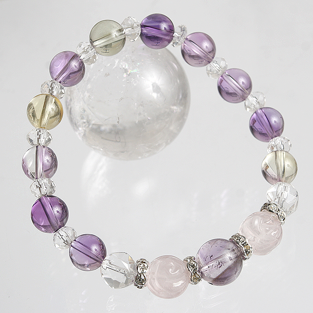 【パワーストーン　天然石　アクセサリー　デザイン　ジュエリー】恋愛運&金運-ボリビア産アメジストｘバラカットローズクォーツｘアメトリンのデザインブレスレット