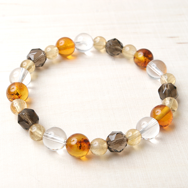 【パワーストーン　天然石　アクセサリー　デザイン　ジュエリー】シトリンｘ琥珀ｘスモーキークォーツのデザインブレスレット