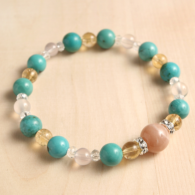 【パワーストーン　天然石　アクセサリー　デザイン　ジュエリー】【癒し&金運】ターコイズとオレンジムーンストーンの天然石コンビブレスレット/パワーストーン