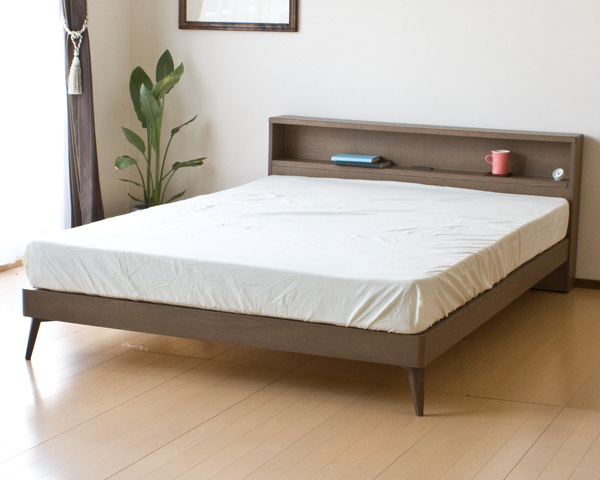 【送料無料】（インテリア　家具　デザイナーズ）　北欧テイスト棚・コンセント付きダブルベッド/Mob ボンネルマットレス付き＜代引きご利用不可＞＜配送時間帯は午前・午後（１７時まで）のみ＞