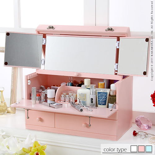 【送料無料】（インテリア　家具　デザイナーズ）　三面鏡付きワイドメイクボックス fricka〔フリッカ〕＜代引きご利用不可＞＜配送時間帯は午前・午後（１７時まで）のみ＞