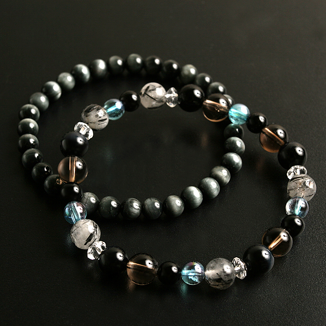 【パワーストーン　天然石　アクセサリー　デザイン　ジュエリー】金運&仕事運-ブルータイガーアイとイーグルアイのツインブレスレット