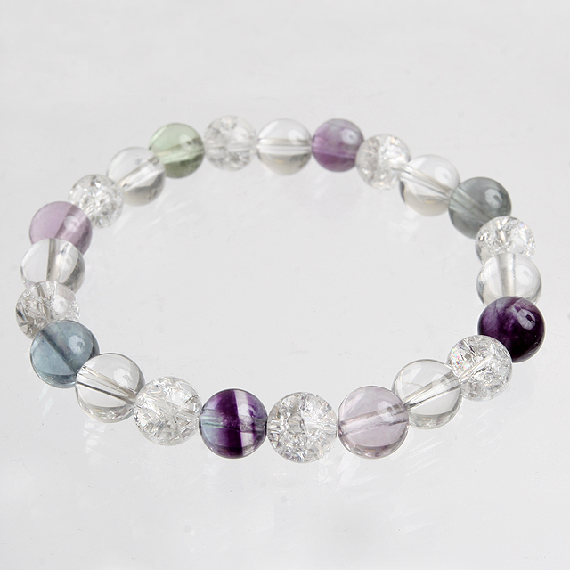 【パワーストーン　天然石　アクセサリー　デザイン　ジュエリー】レインボーフローライトｘ水晶ｘクラック水晶のデザインブレスレット
