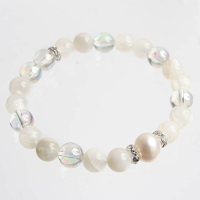 【パワーストーン　天然石　アクセサリー　デザイン　ジュエリー】ムーンストーンｘ淡水真珠のデザインブレスレット