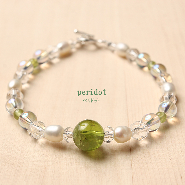 【パワーストーン　天然石　アクセサリー　デザイン　ジュエリー】ペリドットと真珠のデザインブレスレット